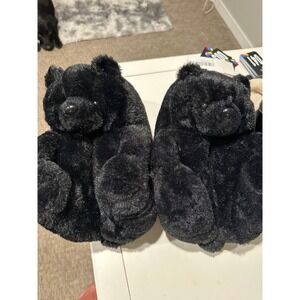 Black Teddy Bear Slippers Plush Oversized Faux Fur House Shoes Women One Size